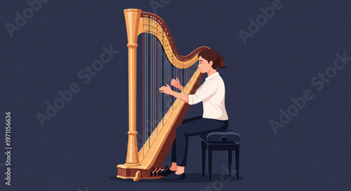 Young woman sitting on stool playing elegant harp musical instrument flat vector illustration with minimalist dark background for music concept