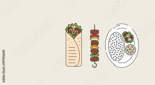 Modern Halal Food Vector Set, Middle Eastern Cuisine Illustration of Kebab Wrap, Shish Kabab Skewer, and Rice Platter in Minimalist Line Art Style.