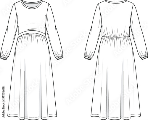 Women long sleeve maxi dress front and back view vector illustration, elegant flowy apparel mockup template fashion clothing design outline