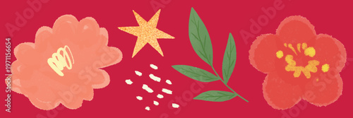 Colorful floral illustration with flowers, leaves, and stars on a red background. Vibrant flowers and leaves create a lively floral design. Cute vector set.