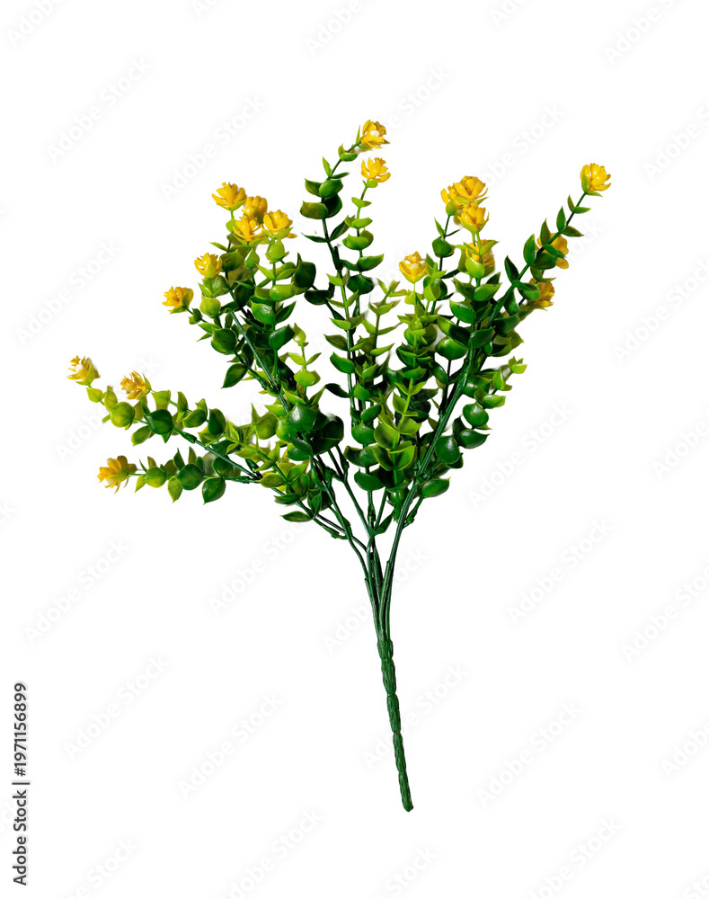 Obraz premium Artificial eucalyptus plant with yellow decorative flowers