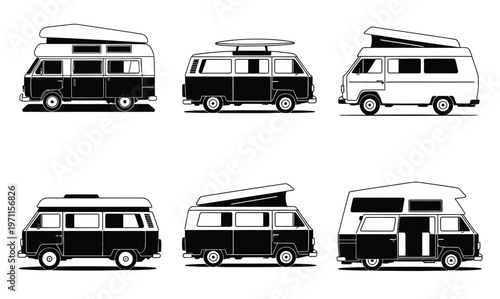 Six camper van silhouettes isolated on white background showcasing different van profiles and compact travel vehicles, presented as a cohesive vector set ideal for tourism visuals, camping logos