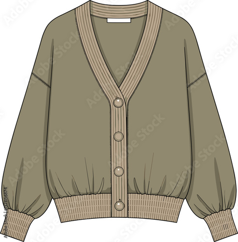 Women oversized knit cardigan sweater front view button closure casual fashion apparel flat vector illustration cozy clothing design