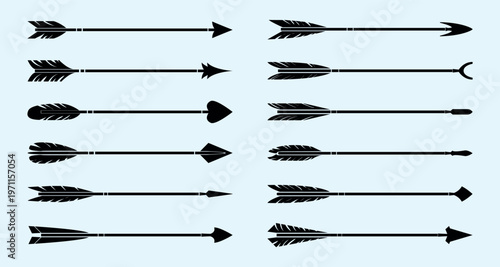 A set of twelve black silhouette arrows with various arrowhead designs, including feathers and different shapes, arranged in two rows on a light background. Element vector set.