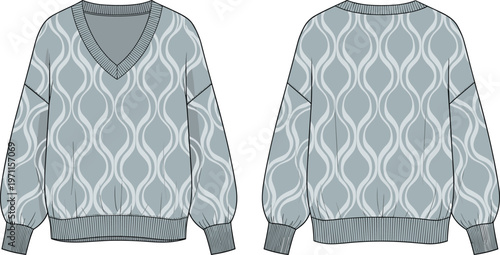 Women patterned knit sweater front and back view v neck pullover casual fashion apparel flat vector illustration design