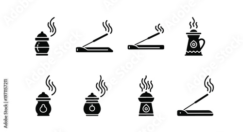 Set of 8 Black Incense Burner and Stick Vector Icons