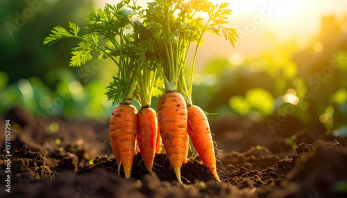 Freshly harvested organic carrots pulled from rich garden soil