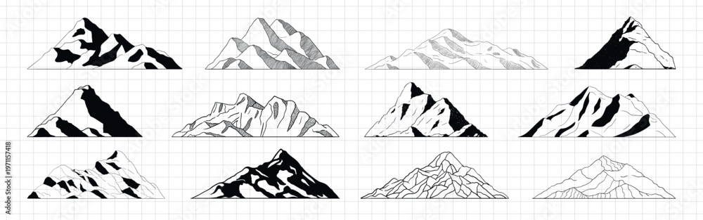 Fototapeta premium Illustrations of various mountain peaks in black and white. Mountain designs in different styles. Each mountain peak is unique and artistic. Nature elements, vector set.