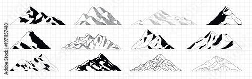 Illustrations of various mountain peaks in black and white. Mountain designs in different styles. Each mountain peak is unique and artistic. Nature elements, vector set.