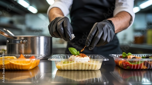 Chef hands adding toppings to a prepared meal in take out container