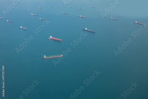 Billede på lærred Aerial view, Oil tankers and gas ships waiting in the bay