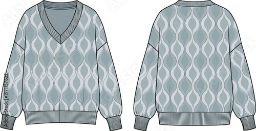 Women seamless pattern knit sweater front and back view v neck pullover casual fashion apparel flat vector illustration design