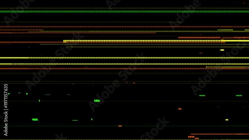 Abstract digital glitch overlay texture with yellow, orange, and green horizontal scanlines on a black background.