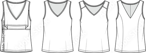 Women sleeveless v neck tops set front and back view vector illustration, basic tank apparel mockup template fashion clothing design