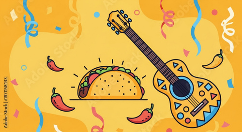 Colorful taco and guitar illustration with confetti and chili peppers on yellow background for fiesta or celebration concept