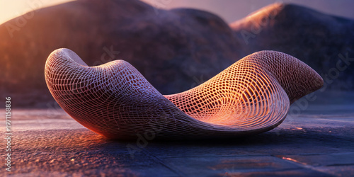 Abstract Organic Mesh Sculpture on Desert Landscape at Sunset