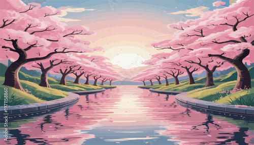 Cherry Blossom Trees Along River at Sunset – Sakura Landscape with Reflection Illustration