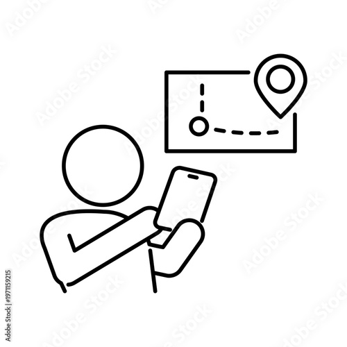 スマートフォンでナビを利用している人の線画アイコン
