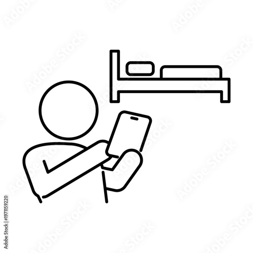 スマートフォンで睡眠管理をしている人の線画アイコン