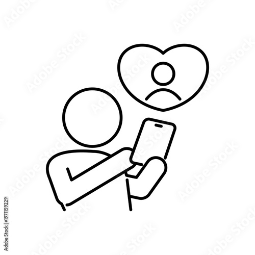 スマートフォンでマッチングサービスを利用している人の線画アイコン