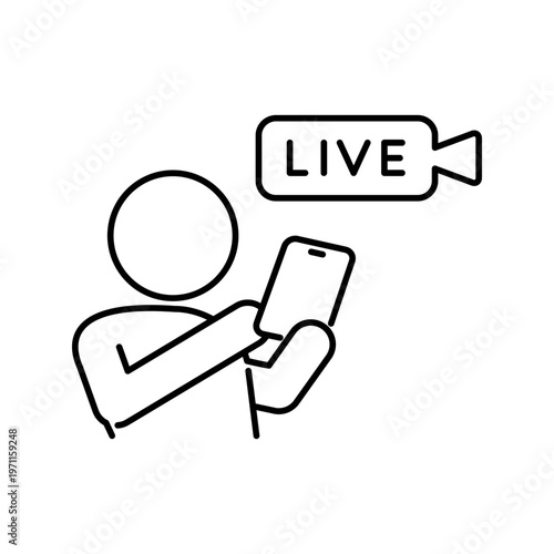 スマートフォンでライブ配信を見ている人の線画アイコン
