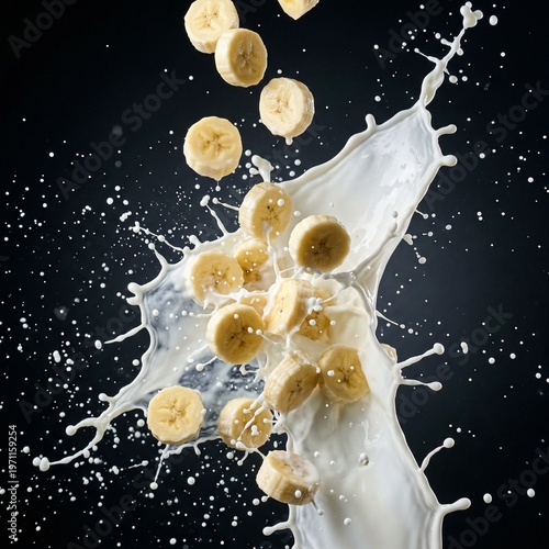 Banana Slices Splashing into Milk High Speed Frozen Motion Dark Background Studio Food Photography Commercial Advertising