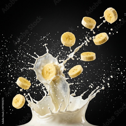 Banana Slices Splashing into Milk High Speed Frozen Motion Dark Background Studio Food Photography Commercial Advertising