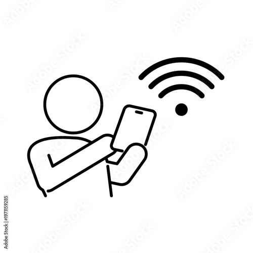 スマートフォンをWi-Fi接続している人の線画アイコン