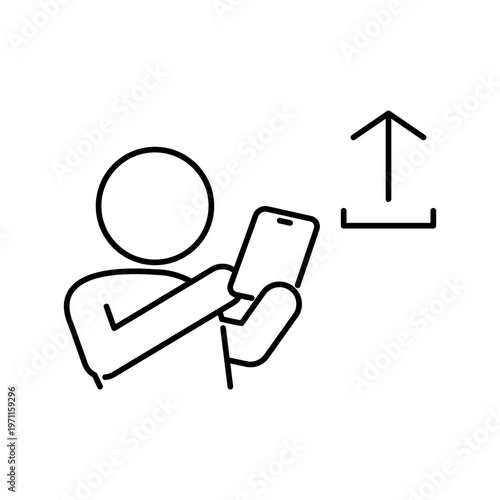 スマートフォンでデータをアップロードしている人の線画アイコン