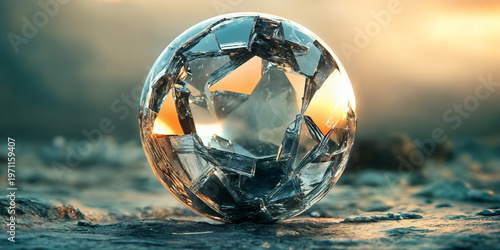 Transparent Glass Sphere on Ocean Shore with Sunset Reflection