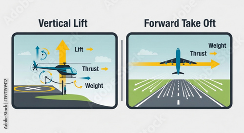 Physics educational diagram showing helicopter vertical lift and airplane forward take off with force arrows vector illustration for science learning