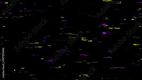 Abstract digital glitch overlay texture with scattered purple and yellow horizontal artifacts on a black background.