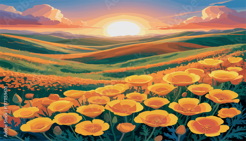 Golden Wildflowers Field at Sunset with Rolling Hills Landscape – Nature Illustration