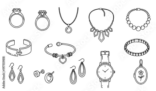 Outline jewelry icons – rings, necklaces, bracelets, earrings, watch, and pendant