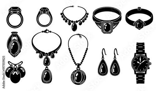 Jewelry silhouettes – black vector collection of rings, necklaces, bracelets, and earrings