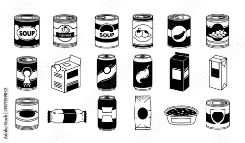 12 canned and packaged food vector icons – black and white EPS10 collection