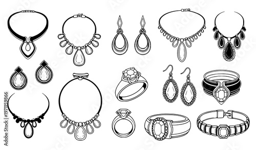 Jewelry vector collection – necklaces, earrings, rings, and bracelets in black and white