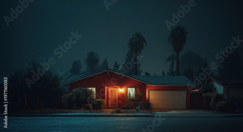 Cozy suburban house with illuminated windows at dusk, red-brick exterior, and a front yard lined with tall trees, creating a warm and inviting atmosphere