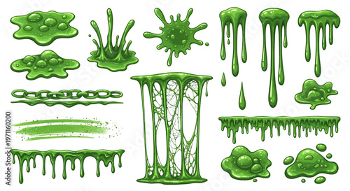 Cartoon green slime collection with various shapes, splatters, drips, and gooey textures.
