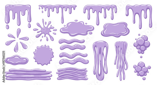 Purple liquid splatters and drips in various shapes and forms on a white background
