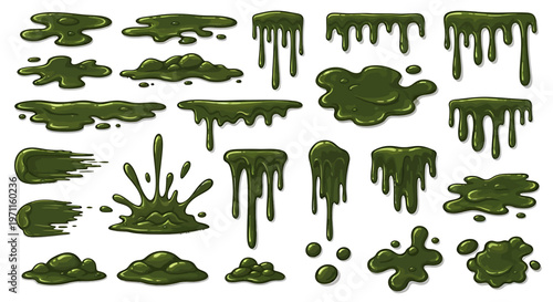 Collection of green slime, goo, and liquid drips, splatters, and puddles in various shapes and forms, isolated on a white background.