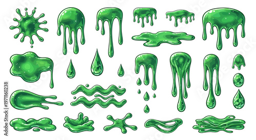 A collection of green slime, goo, and liquid drips, splatters, and puddles in various shapes.