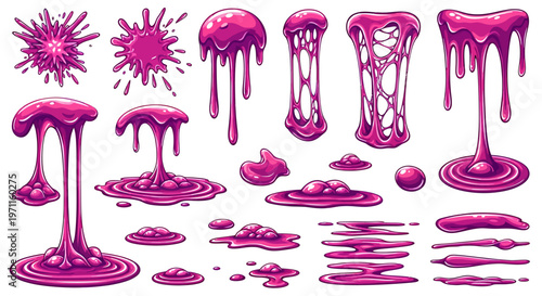 A vibrant illustration showcases various pink liquid splatters and drips on a surface.