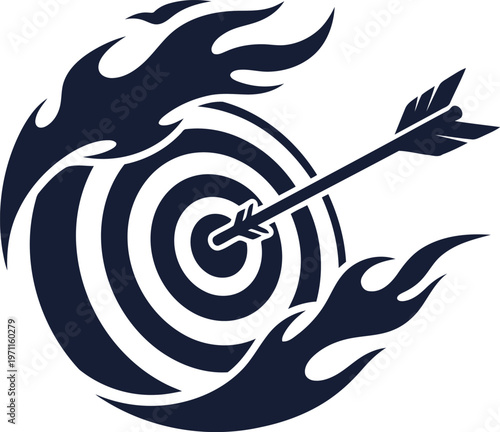 A stylized dark blue target icon with an arrow in the center surrounded by flames on a white background