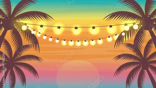Vibrant tropical sunset scene with silhouetted palm trees and glowing string lights casting a warm festive mood over a beautiful beach landscape