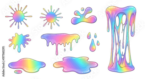 A collection of vibrant rainbow holographic slime splatters, drips, and puddles on a white background, showcasing various liquid forms and textures.