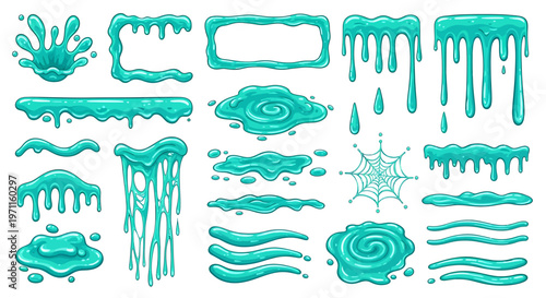 Graphic designer creates various cyan liquid splatters and drips for illustration.