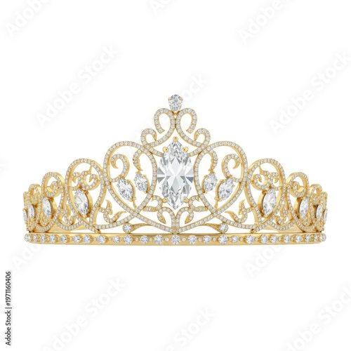 Exquisite yellow gold tiara with delicate filigree scrollwork and shimmering pave diamonds on a reflective white surface, atmosphere of refined regal luxury