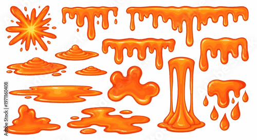 A collection of orange liquid drips, splatters, puddles, and a burst splash illustration set.