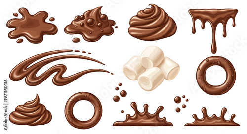Collection of chocolate splashes, drips, swirls, rings, and marshmallows on a white background.
